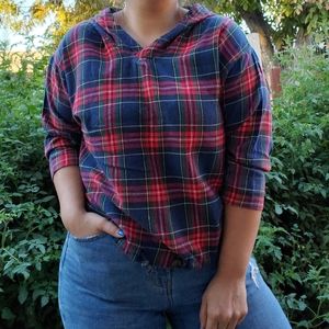 Quarter Sleeve Hooded Plaid Flannel